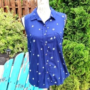 💥 3/$20 SO Large Blue Sleeveless Button Collar Shirt with STARS!